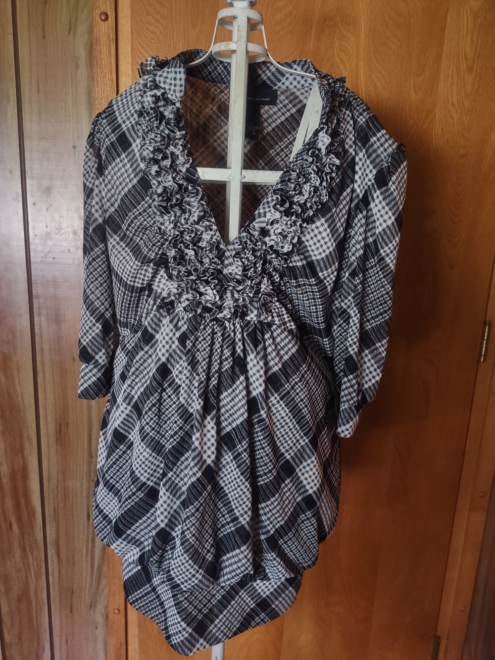 INC International Concepts Black & White Plaid Ruffle V-Neck Tunic